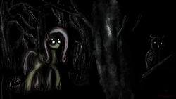 Size: 1920x1080 | Tagged: safe, artist:fearyzy, fluttershy, pony, g4, creepy, female, forest, night, solo