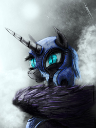Size: 1530x2046 | Tagged: safe, artist:fearyzy, nightmare moon, alicorn, pony, g4, armor, female, helmet, looking at you, mare, slit pupils, solo, wings