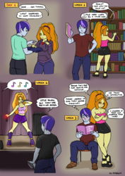 Size: 1240x1748 | Tagged: safe, artist:rambon7, adagio dazzle, oc, equestria girls, g4, armpits, blushing, book, boots, breasts, canon x oc, cleavage, clothes, comic, cute, dazzlebetes, disguise, disguised siren, gem, hoodie, jewelry, legs, lidded eyes, looking back, looking over shoulder, miniskirt, pendant, platform shoes, ponytail, sandals, shoes, shorts, singing, siren gem, skirt, thighs
