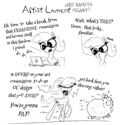 Size: 1938x2000 | Tagged: safe, artist:chopsticks, artist:krystalmark, oc, oc only, oc:fluffle puff, oc:krystal mark, crystal pony, pony, comic:artist lament, atg 2019, computer, computer mouse, dialogue, glasses, implied fluffle puff, laptop computer, monochrome, newbie artist training grounds, text, tongue out, yelling