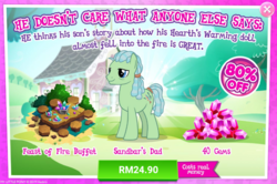 Size: 1037x688 | Tagged: safe, gameloft, beachcomber (g4), earth pony, pony, g4, my little pony: magic princess, advertisement, costs real money, feast of fire, gem, introduction card, male, sale, stallion