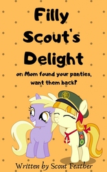 Size: 641x1024 | Tagged: safe, dinky hooves, tag-a-long, earth pony, pony, unicorn, fanfic:filly scout's delight, g4, author:scout feather, blank flank, charity, duo, duo female, explicit source, eyes closed, fanfic, fanfic art, fanfic cover, female, filly, freckles, implied lesbian, smiling, vector