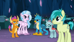 Size: 1920x1080 | Tagged: safe, edit, edited screencap, screencap, gallus, ocellus, sandbar, silverstream, smolder, changedling, changeling, classical hippogriff, dragon, earth pony, griffon, hippogriff, pony, g4, season 9, uprooted, animated, caption, cave, cave of harmony, gif, gifs.com, image macro, nah, text