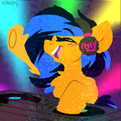 Size: 1359x1359 | Tagged: safe, artist:spoopygander, oc, oc only, oc:glowstick explosion, pony, dj booth, female, headphones, patreon, patreon reward, simple background, solo