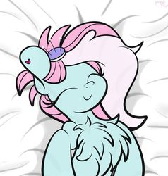 Size: 1600x1678 | Tagged: dead source, safe, artist:php142, kerfuffle, pegasus, pony, g4, my little pony: rainbow roadtrip, accessory, bed, chest fluff, cute, eyes closed, female, fufflebetes, lying down, mare, solo