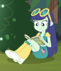 Size: 305x357 | Tagged: safe, screencap, blueberry cake, equestria girls, g4, lost and pound, lost and pound: rarity, my little pony equestria girls: choose your own ending, background human, boots, cropped, female, hedge maze, maze, neon garden maze, reading, shoes, sitting, smiling