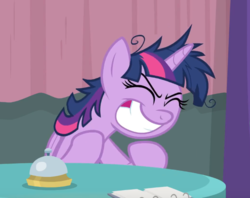 Size: 747x592 | Tagged: safe, screencap, twilight sparkle, alicorn, pony, a trivial pursuit, g4, cropped, eyes closed, female, gloating, mare, smiling, solo, teeth, twilight snapple, twilight sparkle (alicorn)