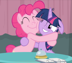 Size: 798x695 | Tagged: safe, screencap, pinkie pie, twilight sparkle, alicorn, earth pony, pony, a trivial pursuit, g4, :t, cheek squish, cropped, cute, diapinkes, duo, eyes closed, female, floppy ears, hug, mare, messy mane, one eye closed, reconciliation, smiling, squishy cheeks, twiabetes, twilight sparkle (alicorn)