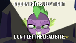 Size: 638x364 | Tagged: safe, edit, edited screencap, editor:undeadponysoldier, screencap, spike, dragon, dungeons and discords, g4, caption, castle, dead bite, discovery family logo, evil grin, female, flashlight (object), grin, hollywood undead, image macro, looking at you, lyrics, male, smiling, solo, song reference, talking to viewer, text