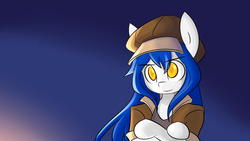 Size: 3840x2160 | Tagged: safe, artist:spheedc, oc, oc only, oc:light chaser, earth pony, semi-anthro, arm hooves, blue hair, clothes, crossed arms, digital art, female, hat, high res, mare, sky, solo, stars, yellow eyes
