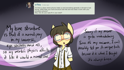 Size: 3840x2160 | Tagged: safe, artist:spheedc, oc, oc only, oc:sphee, earth pony, semi-anthro, abstract background, ask, ask sphee, bipedal, clothes, digital art, female, filly, glasses, high res, mare, pigtails, solo, speech bubble, tumblr