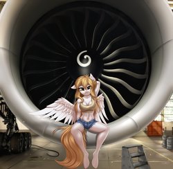 Size: 2000x1954 | Tagged: safe, artist:lightly-san, oc, oc only, pegasus, anthro, unguligrade anthro, adorasexy, arm behind head, armpits, boeing, boeing 777, clothes, cute, female, ge90, general electric, jet engine, mare, midriff, plane, sexy, sitting, solo