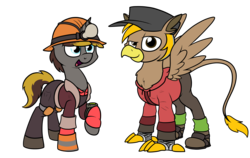 Size: 2637x1665 | Tagged: safe, artist:moonatik, oc, oc only, oc:geartooth, oc:pad, griffon, pony, unicorn, 2020 community collab, derpibooru community collaboration, boots, clothes, commission, engineer, engineer (tf2), gloves, griffon oc, hard hat, hat, hoodie, lightbulb, male, pipboy, scout (tf2), shoes, simple background, socks, stallion, team fortress 2, transparent background, wings