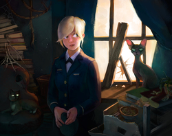 Size: 1906x1507 | Tagged: safe, artist:yanabau, applejack, cat, human, g4, broken window, clothes, female, goldie delicious' cats, goldie delicious' house, humanized, indoors, interior, looking away, solo, three quarter view, uniform, window