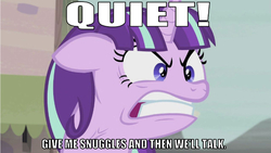 Size: 640x361 | Tagged: safe, edit, edited screencap, editor:undeadponysoldier, screencap, starlight glimmer, pony, unicorn, g4, the cutie map, caption, demanding, demanding snuggles, female, gritted teeth, image macro, looking at you, mare, meme, quiet, ragelight glimmer, solo, talking to viewer, teeth, text, vein, vein bulge, yelling