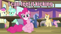 Size: 1920x1080 | Tagged: safe, edit, edited screencap, screencap, bon bon, fluttershy, golden crust, lyra heartstrings, midnight snack (g4), pinkie pie, sweetie drops, earth pony, pegasus, pony, unicorn, a trivial pursuit, g4, butt, caption, chubby, cute, female, friendship student, grin, hilarious in hindsight, image macro, implied pregnancy, lidded eyes, male, mare, pinkie being pinkie, plot, smiling, stallion, stuffed, text