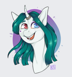 Size: 1643x1755 | Tagged: safe, artist:karamboll, butterfly, pony, unicorn, bust, commission, happy, head, heterochromia, horn, horn ring, portrait, ring, smiling, solo, straight hair, white pony