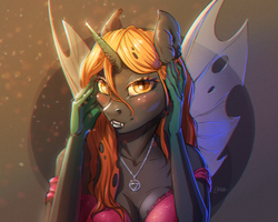 Size: 3750x3000 | Tagged: safe, artist:l'kha, oc, oc only, changeling, anthro, blushing, breasts, high res, jewelry, lidded eyes, necklace, smiling, temptation