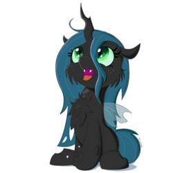 Size: 1500x1500 | Tagged: safe, artist:fajnyziomal, queen chrysalis, changeling, changeling queen, g4, cheek fluff, chest fluff, cute, cutealis, fangs, female, filly, fluffy changeling, looking up, open mouth, simple background, sitting, smiling, solo, stray strand, three quarter view, white background