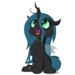 Size: 1500x1500 | Tagged: safe, artist:fajnyziomal, queen chrysalis, changeling, changeling queen, cheek fluff, chest fluff, cute, cutealis, fangs, female, filly, fluffy changeling, looking up, open mouth, simple background, sitting, smiling, solo, stray strand, three quarter view, white background