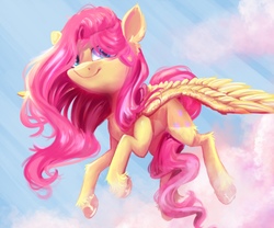 Size: 3000x2500 | Tagged: dead source, safe, artist:thewickedvix, fluttershy, pegasus, pony, g4, cloud, colored hooves, crepuscular rays, female, flying, high res, looking at you, mare, sky, smiling, solo, spread wings, three quarter view, unshorn fetlocks, wings