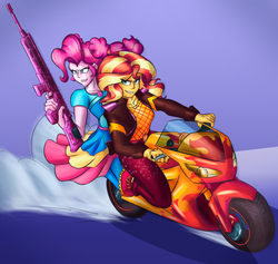 Size: 2210x2094 | Tagged: safe, artist:mandy1412, pinkie pie, sunset shimmer, equestria girls, equestria girls specials, g4, my little pony equestria girls: better together, my little pony equestria girls: sunset's backstage pass, clothes, female, geode of empathy, geode of sugar bombs, gun, high res, magical geodes, motorcycle, smiling, weapon