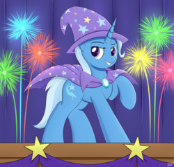 Size: 4000x3848 | Tagged: safe, artist:arcane-thunder, trixie, pony, unicorn, g4, atg 2019, cape, clothes, female, fireworks, hat, mare, newbie artist training grounds, solo, trixie's cape, trixie's hat