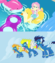 Size: 1617x1872 | Tagged: safe, edit, blaze, fluttershy, soarin', surprise (g4), pony, equestria girls, g4, i'm on a yacht, my little pony equestria girls: better together, season 1, the ticket master, feet, fetish, floaty, flutterfeet, foot fetish, foot focus, geode of fauna, jaw drop, magical geodes, soles, swimming pool, wiggling toes, wonderbolts