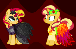 Size: 2300x1480 | Tagged: safe, artist:famousmari5, artist:php185, sunset shimmer, pony, unicorn, g4, clothes, dress, duality, equestria girls ponified, gala dress, human pony sunset, human sunset, ponified, self ponidox, vector