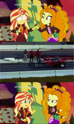 Size: 1920x3202 | Tagged: safe, edit, screencap, adagio dazzle, sunset shimmer, equestria girls, equestria girls specials, g4, my little pony equestria girls: better together, my little pony equestria girls: sunset's backstage pass, animated, blank eyes, drag race, dragster, dragstrip, female, glowing eyes, meme, no sound, procrastination, spongebob squarepants, sunset sees things, webm, white eyes, wide eyes