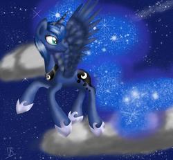 Size: 1024x948 | Tagged: safe, artist:vikuskaal, princess luna, alicorn, pony, g4, cloud, ethereal mane, female, flying, jewelry, looking at something, looking back, mare, night, regalia, solo, spread wings, wings