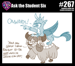 Size: 800x702 | Tagged: safe, artist:sintakhra, gallus, yona, griffon, yak, tumblr:studentsix, g4, female, gallus riding yona, griffons riding yaks, male, paws, riding, this will end in pain, yona is not amused