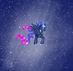 Size: 800x774 | Tagged: safe, artist:vikuskaal, princess luna, alicorn, pony, g4, ethereal mane, eyes closed, female, flying, jewelry, mare, regalia, solo, space, spread wings, wings