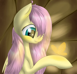 Size: 1600x1532 | Tagged: safe, artist:vikuskaal, fluttershy, butterfly, pegasus, pony, g4, bust, cute, female, folded wings, hoof hold, looking at something, looking down, mare, shyabetes, smiling, solo, wings