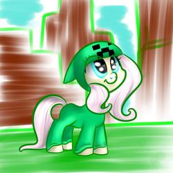 Size: 800x800 | Tagged: safe, artist:vikuskaal, fluttershy, pony, g4, clothes, costume, creeper, creepershy, female, hoodie, kigurumi, minecraft, smiling, solo, standing, three quarter view