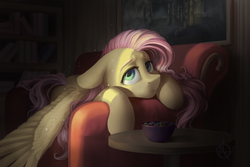 Size: 3000x2000 | Tagged: safe, artist:klarapl, fluttershy, pegasus, pony, g4, couch, dark, female, floppy ears, high res, indoors, lidded eyes, looking at you, looking up, mare, prone, solo, spread wings, three quarter view, wings