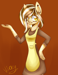 Size: 700x900 | Tagged: safe, artist:vikuskaal, oc, oc only, oc:chokolate, anthro, apron, clothes, colored pupils, female, smiling, solo