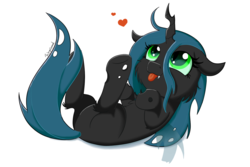 Size: 1500x1000 | Tagged: safe, artist:fajnyziomal, queen chrysalis, changeling, changeling queen, pony, g4, cheek fluff, cute, cute little fangs, cutealis, fangs, female, filly, heart, leg fluff, on back, signature, simple background, solo, tongue out, white background