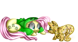 Size: 700x377 | Tagged: safe, artist:vikuskaal, fluttershy, cat, ocelot, pegasus, pony, g4, butt, clothes, creeper, creepershy, crouching, cute, eye contact, female, floppy ears, frown, hoodie, looking at each other, mare, minecraft, plot, shrunken pupils, simple background, white background, wide eyes