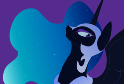 Size: 1280x865 | Tagged: dead source, safe, artist:di-yong, nightmare moon, alicorn, pony, g4, armor, bust, ethereal mane, eyelashes, eyeshadow, female, helmet, lidded eyes, makeup, mare, nightmare moon armor, portrait, raised head, simple background, solo, starry mane, wings