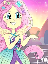 Size: 1800x2400 | Tagged: safe, artist:artmlpk, fluttershy, equestria girls, equestria girls specials, g4, my little pony equestria girls: better together, my little pony equestria girls: forgotten friendship, adorable face, bare shoulders, blushing, cute, female, looking at something, ponied up, pony ears, pretty, shyabetes, smiling, solo, sunset, super ponied up, wings