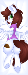Size: 1124x3000 | Tagged: safe, artist:scarlet-spectrum, oc, oc only, oc:graph travel, pegasus, pony, bed, clothes, cute, female, freckles, looking at you, mare, solo, spread wings, tongue out, underhoof, vest, wings