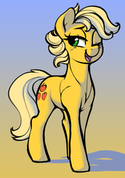 Size: 1145x1623 | Tagged: safe, artist:dimfann, applejack, earth pony, pony, g4, alternate hairstyle, cute, female, gradient background, hatless, jackabetes, mare, missing accessory, one eye closed, open mouth, short hair, smiling, solo, wink
