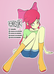 Size: 1115x1514 | Tagged: safe, artist:oldskullkid, apple bloom, equestria girls, g4, adorabloom, apple bloom's bow, blushing, boots, bow, clothes, cute, female, hair bow, jeans, looking at you, pants, shirt, shoes, sitting, solo