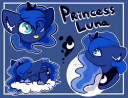 Size: 2600x2000 | Tagged: safe, artist:etoz, part of a set, princess luna, alicorn, pony, g4, :3, :p, bust, cloud, crown, cute, cutie mark, ear fluff, eye clipping through hair, eyebrows, eyebrows visible through hair, eyes closed, female, high res, jewelry, lunabetes, mare, mare in the moon, moon, multeity, on a cloud, portrait, profile, regalia, silluna, sleeping, solo, tongue out
