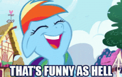 Size: 400x252 | Tagged: safe, edit, edited screencap, screencap, rainbow dash, pegasus, pony, friendship is magic, g4, animated, caption, eyes closed, female, funny, funny as hell, gif, happy, image macro, laughing, laughingmares.jpg, mare, meme, open mouth, ponyville, reaction image, solo, text