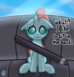 Size: 1296x1344 | Tagged: safe, artist:rainbow eevee, ocellus, changedling, changeling, g4, atg 2019, car, cute, daaaaaaaaaaaw, dialogue, diaocelles, female, looking at you, newbie artist training grounds, palindrome get, rear view, seat, seatbelt, sitting, solo, text, window