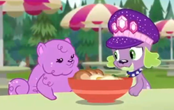 Size: 843x532 | Tagged: safe, screencap, princess thunder guts, spike, spike the regular dog, dog, equestria girls, g4, lost and pound, lost and pound: spike, my little pony equestria girls: choose your own ending, female, food, hat, male, noodles, paws, shipping, shipping fuel, spike's festival hat, spunder, straight
