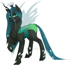 Size: 1600x1466 | Tagged: safe, artist:sunriseauburn, queen chrysalis, changeling, changeling queen, g4, crown, eye clipping through hair, eyebrows, eyebrows visible through hair, female, jewelry, raised hoof, regalia, simple background, solo, transparent background