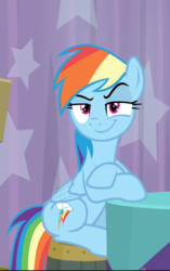Size: 448x715 | Tagged: safe, screencap, rainbow dash, pegasus, pony, a trivial pursuit, g4, cropped, crossed hooves, female, looking at you, mare, raised eyebrow, sitting, smiling, smirk, smug, smugdash, solo, table